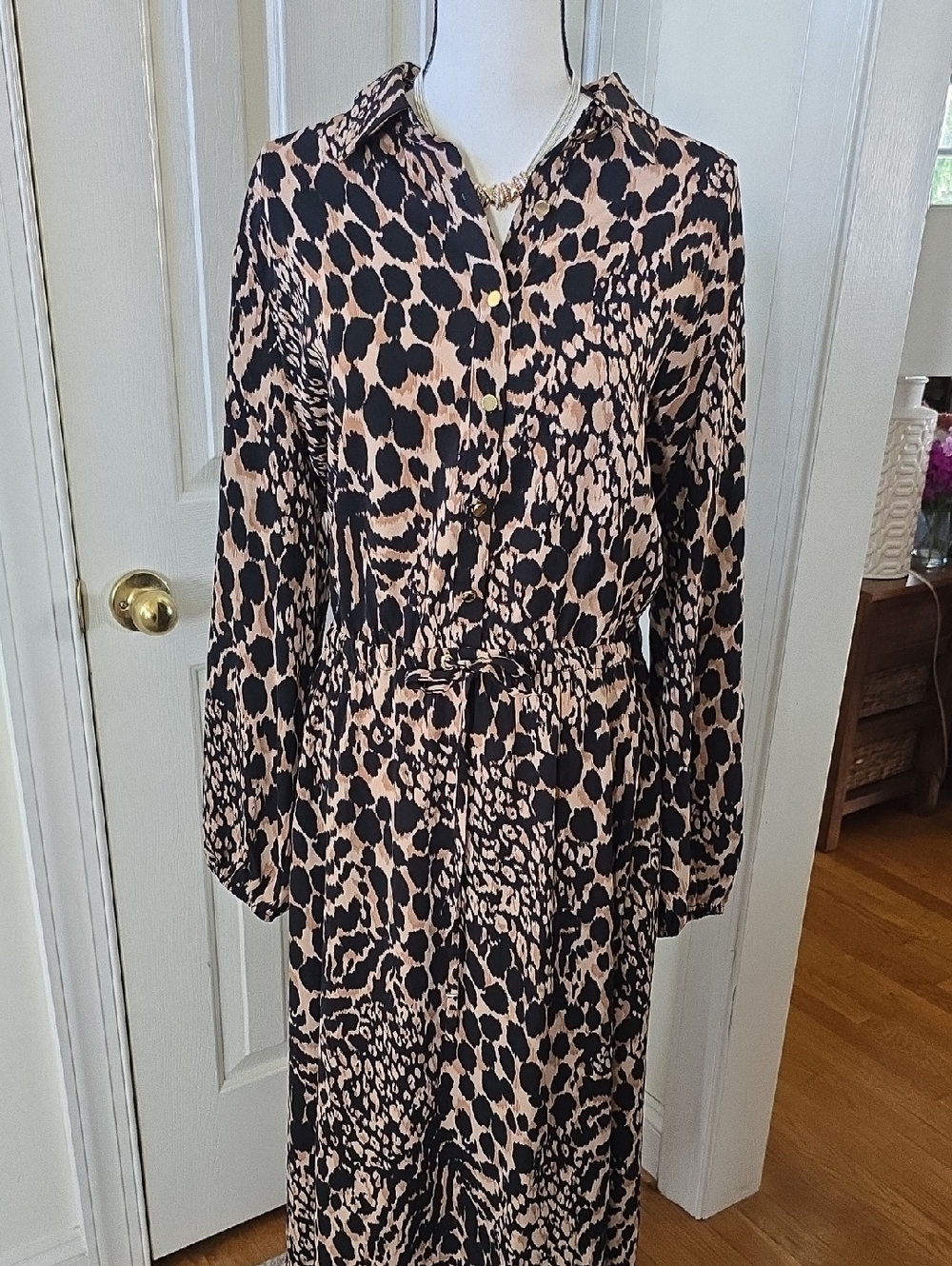 Black Label by Evan Picone Womens Animal Print Shirt Dress Black & Tan Size 18
